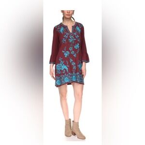 Johnny Was Burgundy with Teal Embroidery Midi Dress.